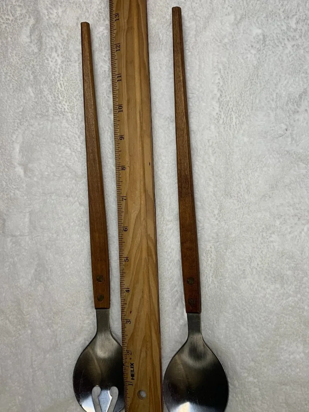 Vintage MCM ~13” Stainless Wood Handle SALAD SERVING SET Spoon & Fork JAPAN
